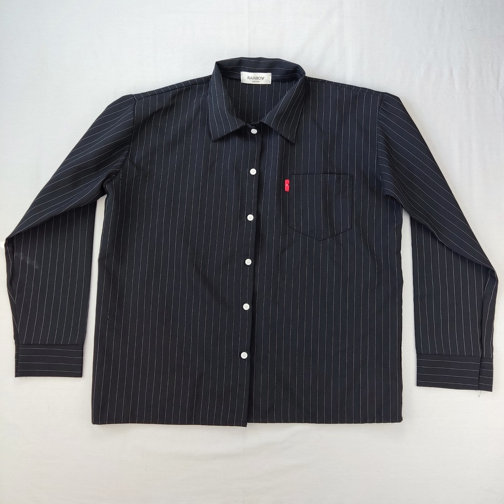 Rainbow Button Down Shirt Women XL Black Pinstripe Long Sleeve Pocket Blouse